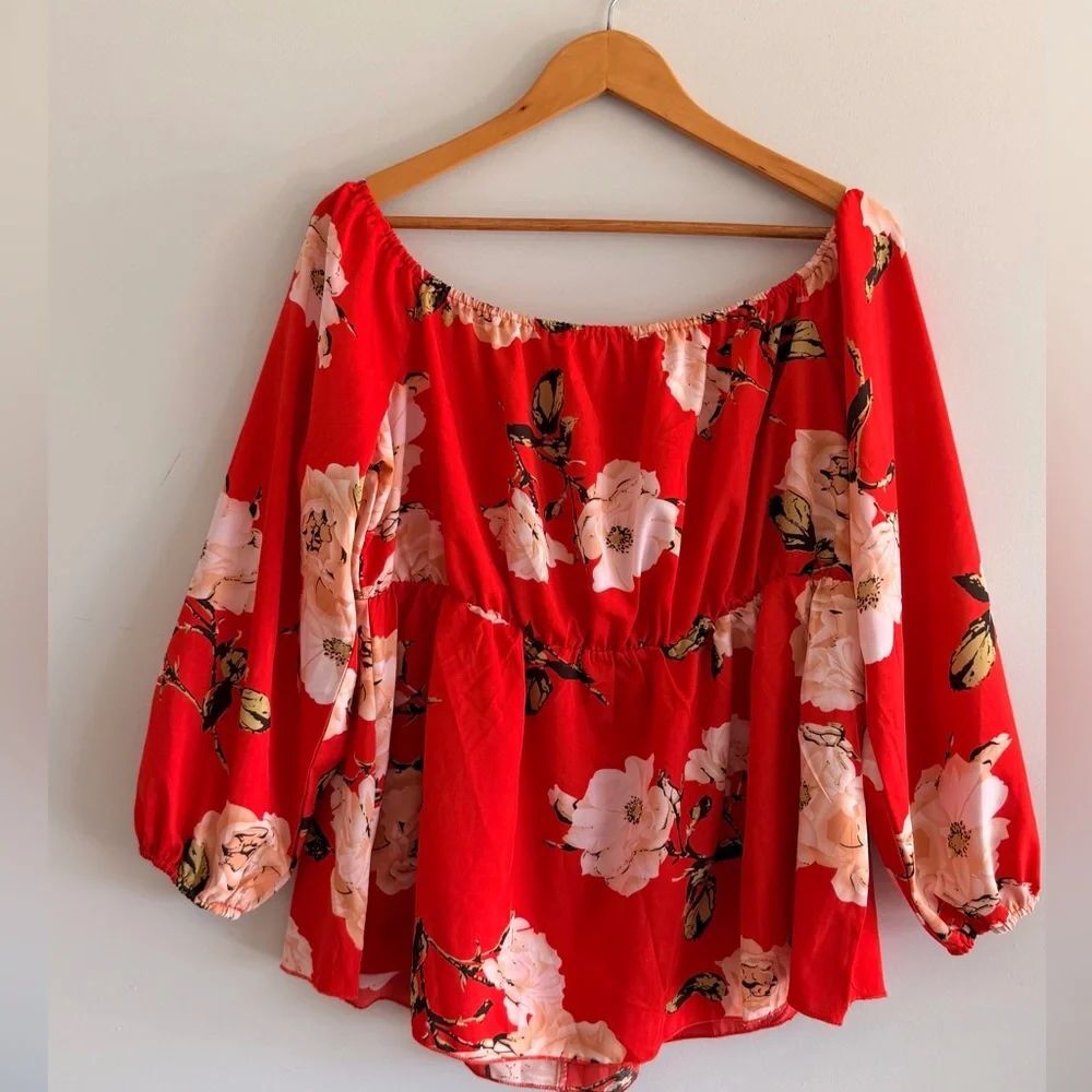 Women 2XL Boho Floral Off Shoulder Peasant Blouse Top Red Peasant Top Festival